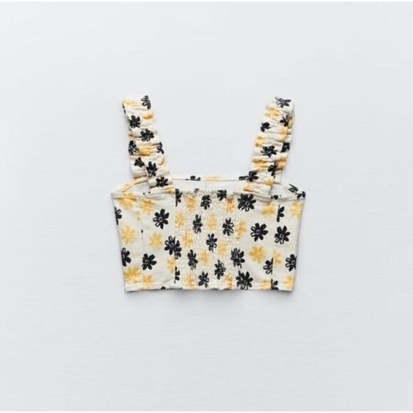 ZARA Floral Denim Crop Top Ruched Back Ruffle wide Straps Bloggers favorite XS - Picture 5 of 8